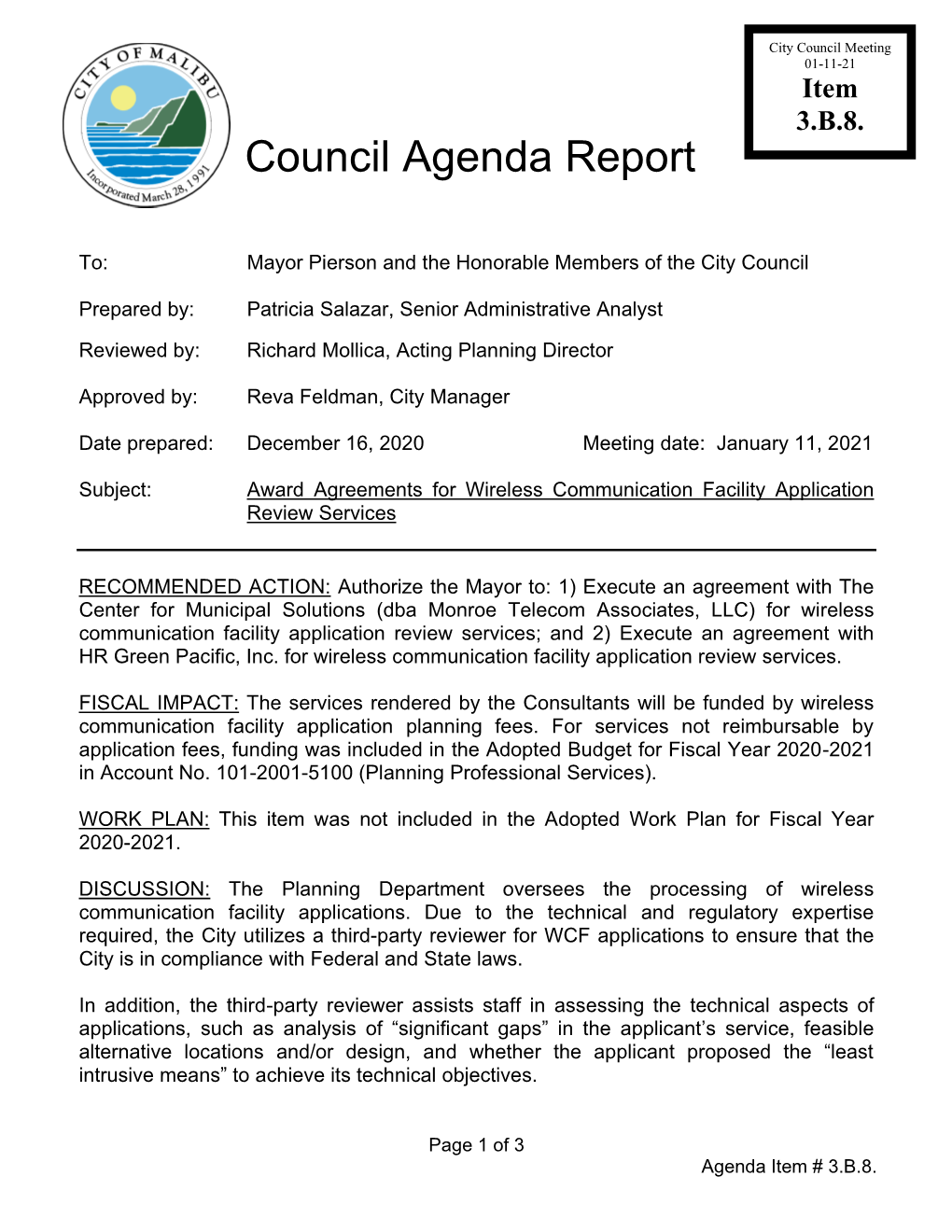 The Agenda, Staff Report Along with the RFP And