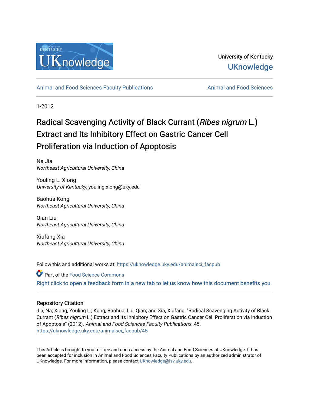 Radical Scavenging Activity of Black Currant (Ribes Nigrum L.) Extract and Its Inhibitory Effect on Gastric Cancer Cell Proliferation Via Induction of Apoptosis