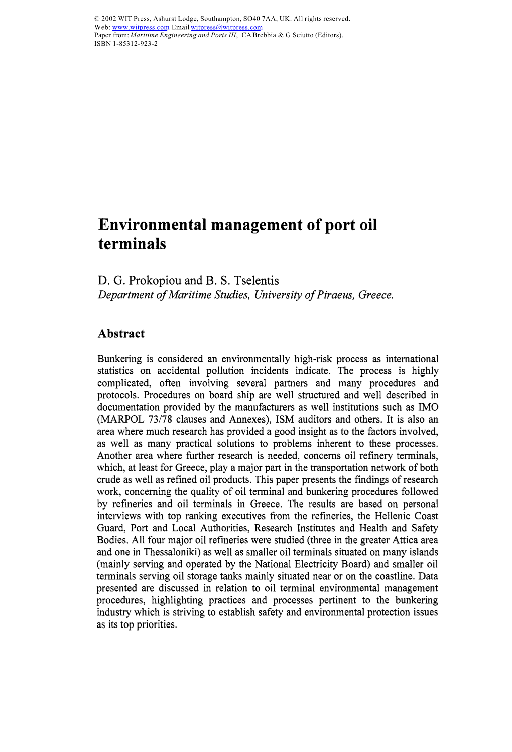 Environmental Management of Port Oil Terminals