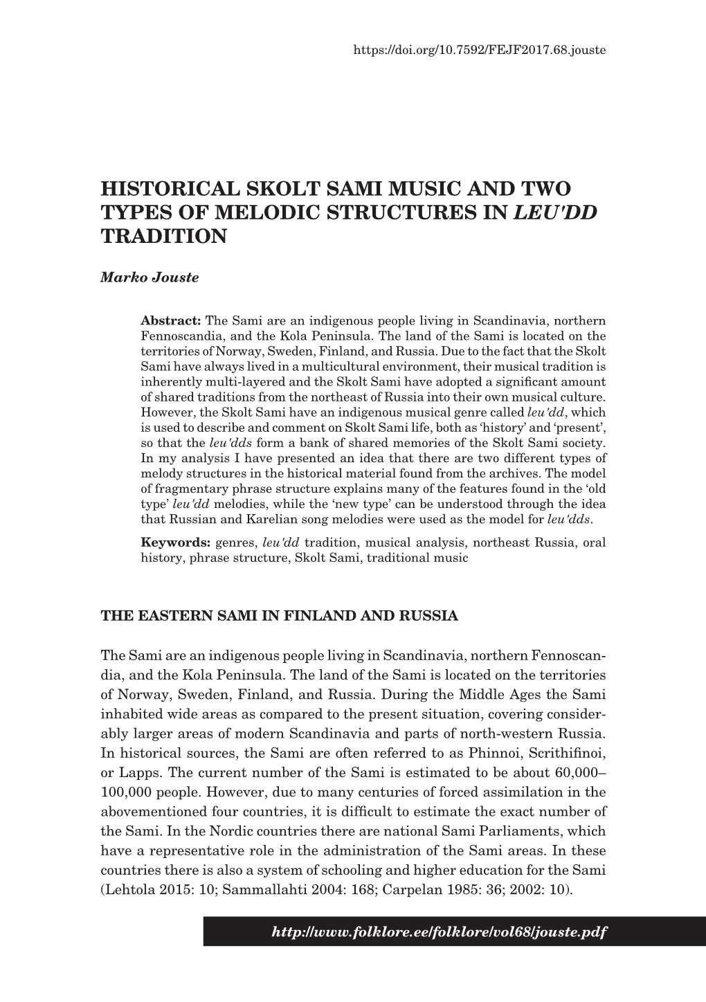 Historical Skolt Sami Music and Two Types of Melodic Structures in Leu′Dd Tradition