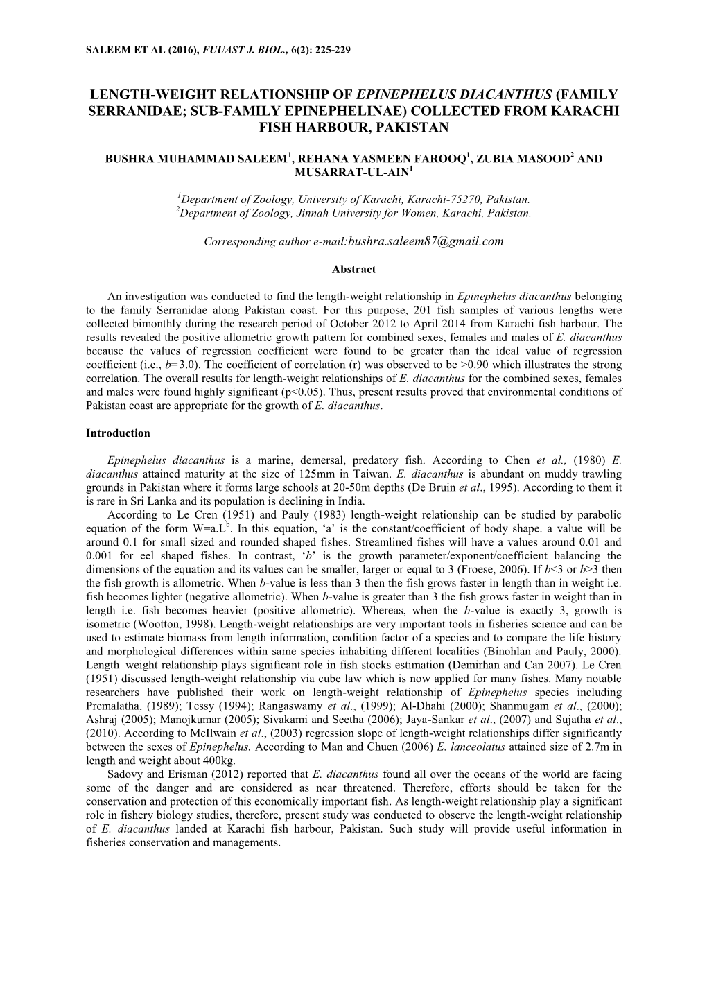 Length-Weight Relationship of Epinephelus Diacanthus (Family Serranidae; Sub-Family Epinephelinae) Collected from Karachi Fish Harbour, Pakistan