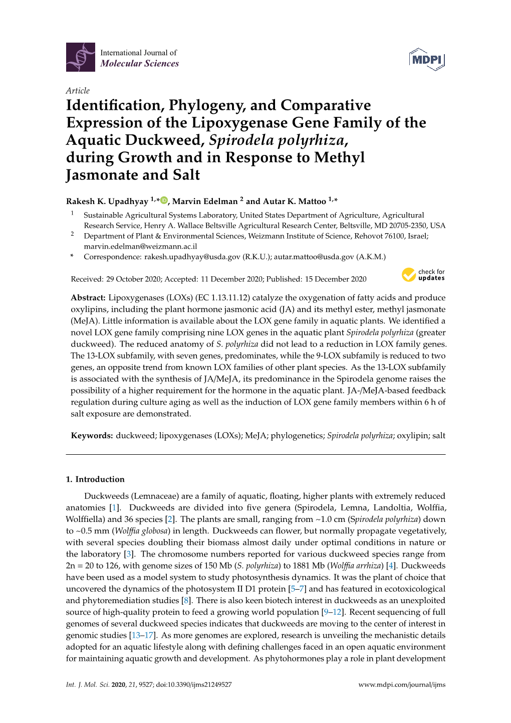 Identification, Phylogeny, and Comparative Expression of the Lipoxygenase Gene Family of the Aquatic Duckweed, Spirodela Polyrhi