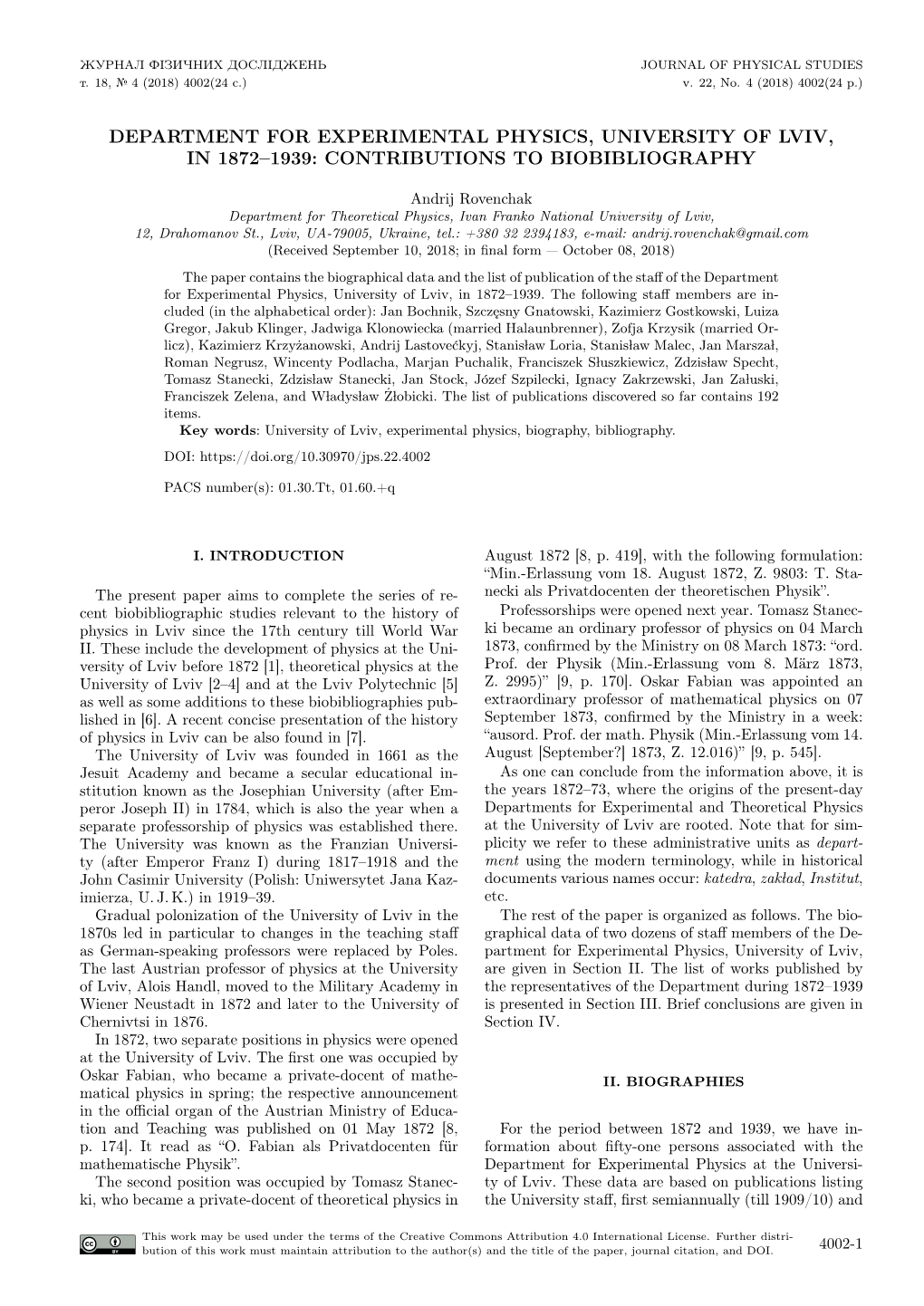 Department for Experimental Physics, University of Lviv, in 1872–1939: Contributions to Biobibliography