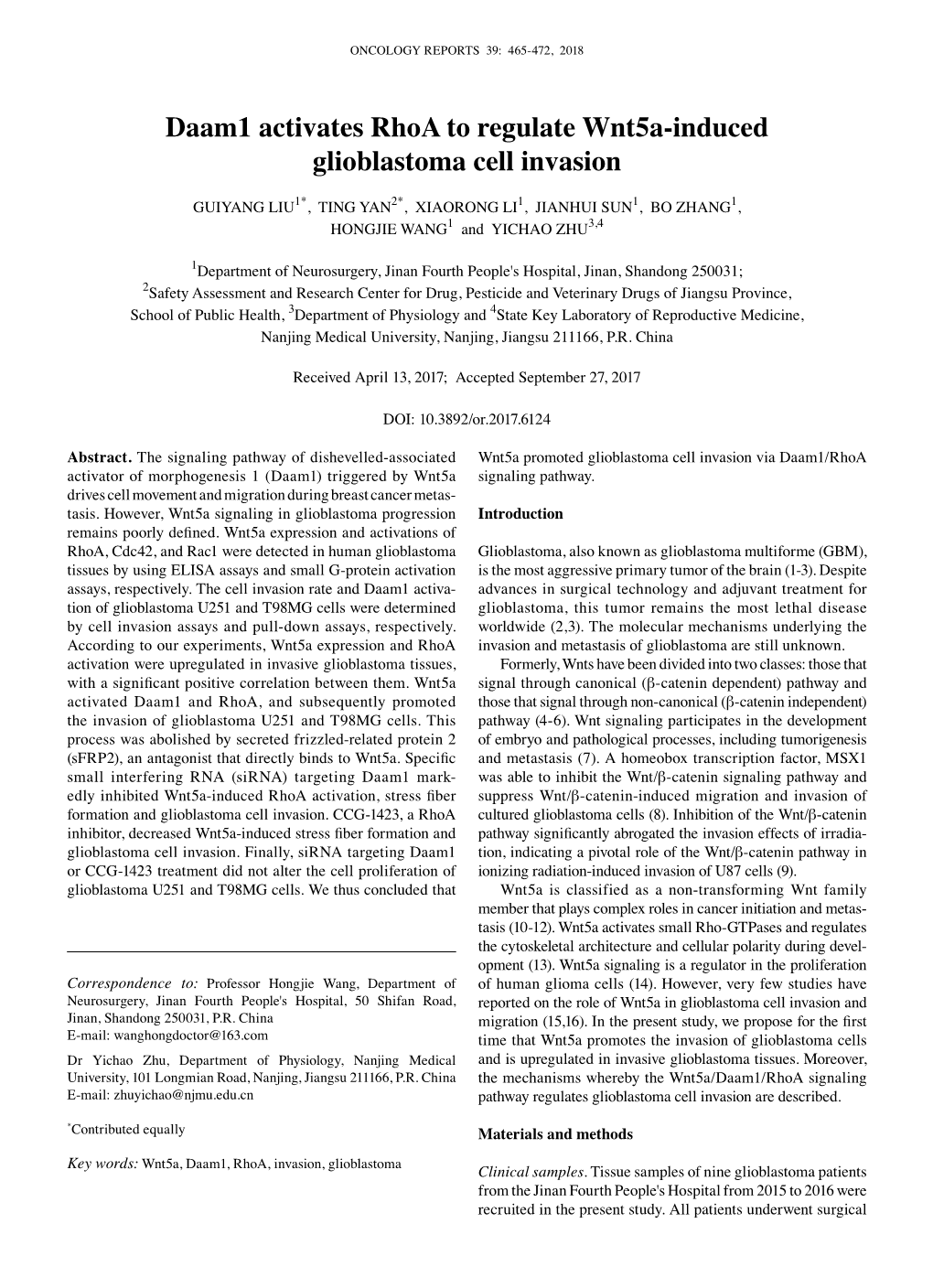 Daam1 Activates Rhoa to Regulate Wnt5a‑Induced Glioblastoma Cell Invasion