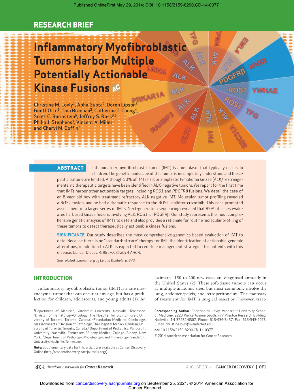 Inflammatory Myofibroblastic Tumors Harbor Multiple Potentially Actionable Kinase Fusions