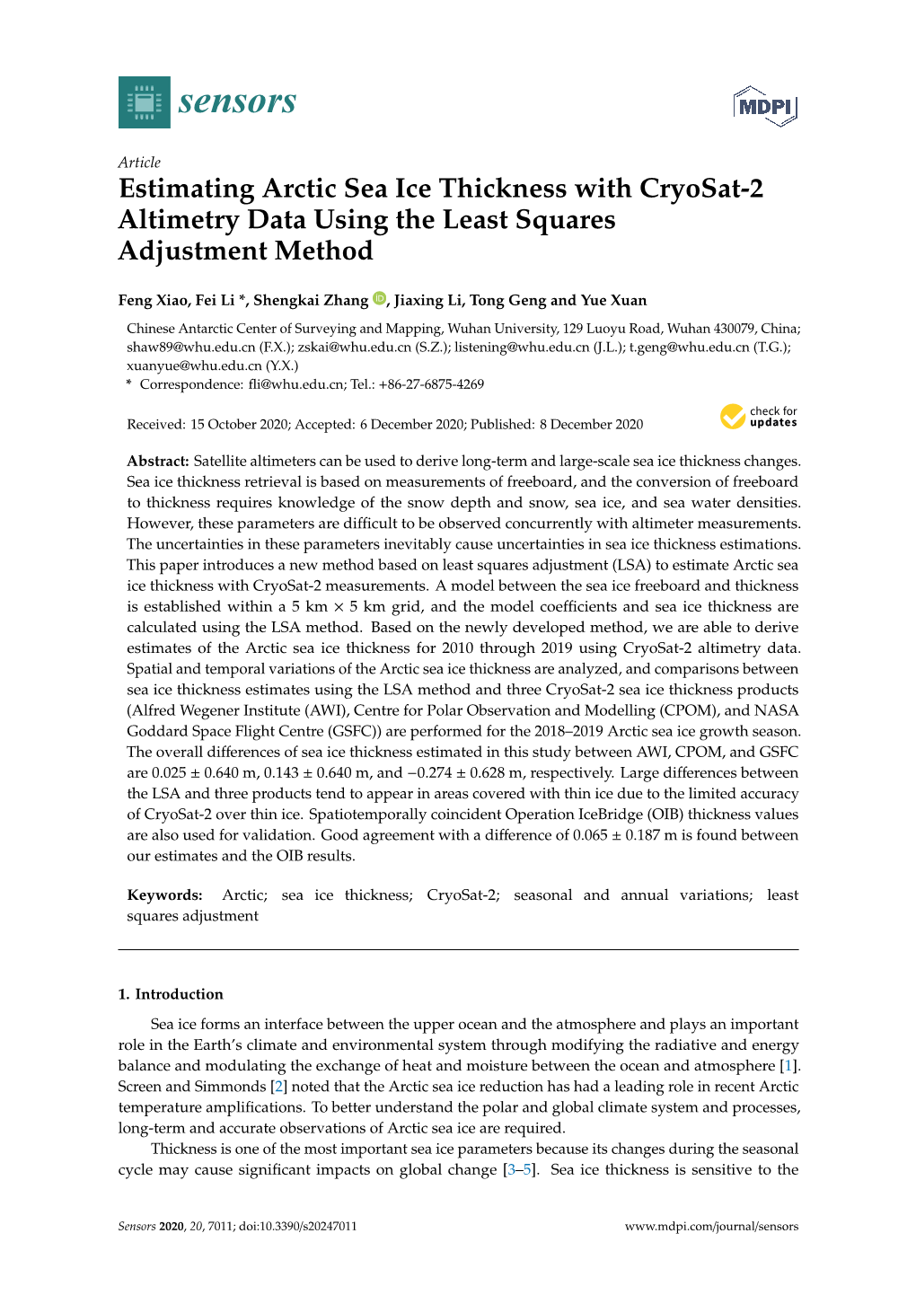 Estimating Arctic Sea Ice Thickness with Cryosat-2 Altimetry Data Using the Least Squares Adjustment Method