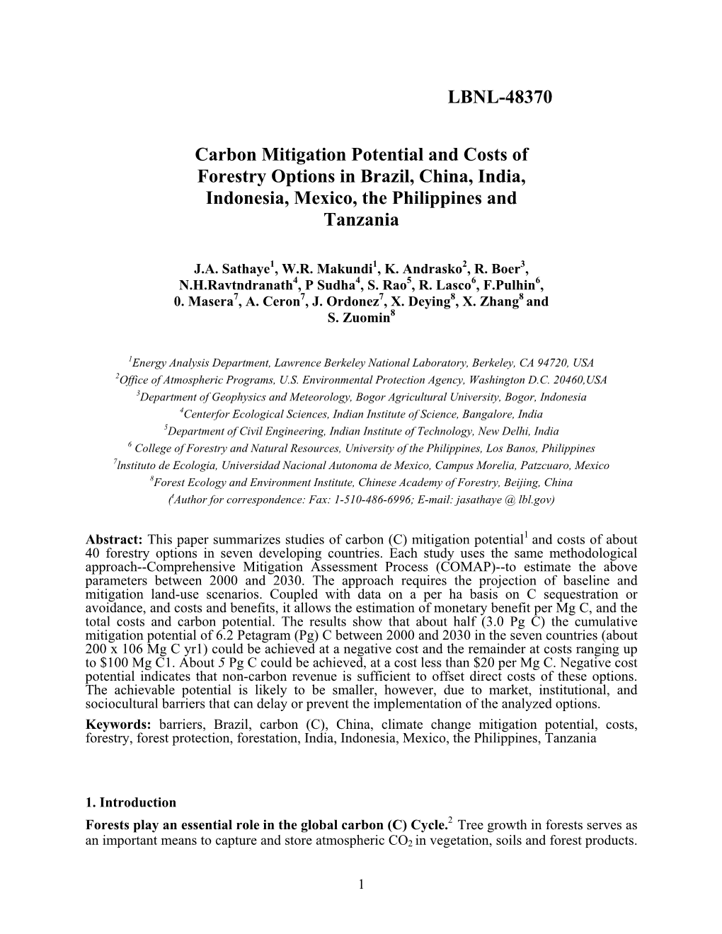 Carbon Mitigation Potential and Costs of Forestry Options in Brazil, China, India, Indonesia, Mexico, the Philippines and Tanzania