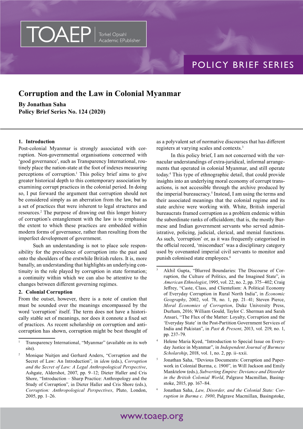 Corruption and the Law in Colonial Myanmar by Jonathan Saha Policy Brief Series No