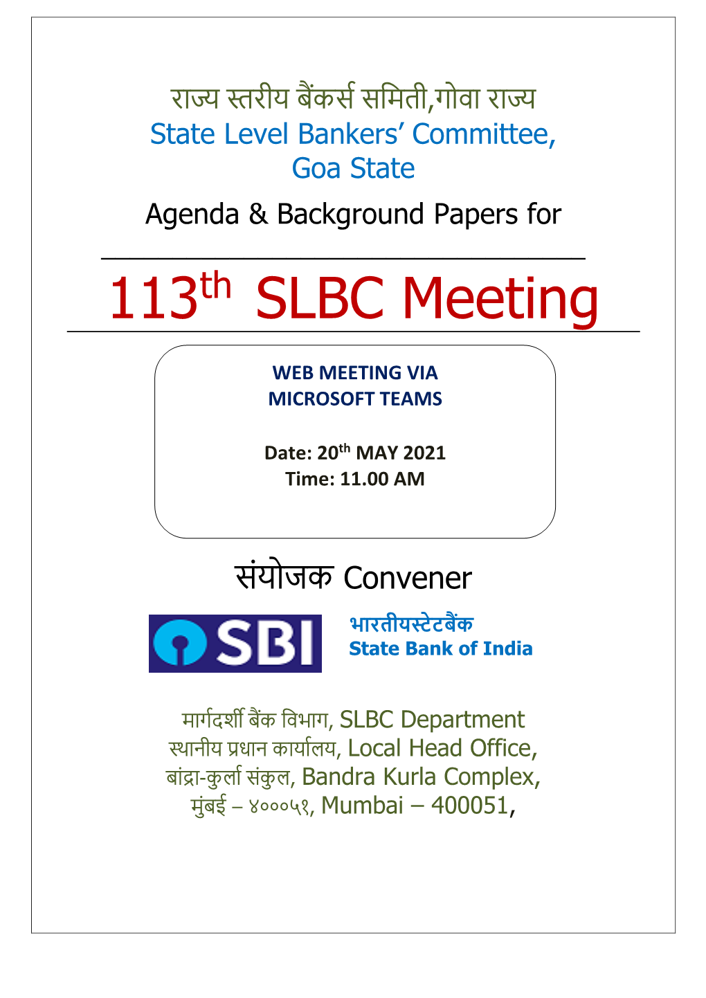 113Th SLBC GOA MEETING : AGENDA & BACKGROUND PAPERS