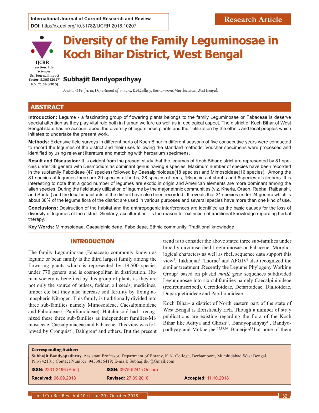 Diversity of the Family Leguminosae in Koch Bihar District, West Bengal IJCRR Section: Life Sciences Sci