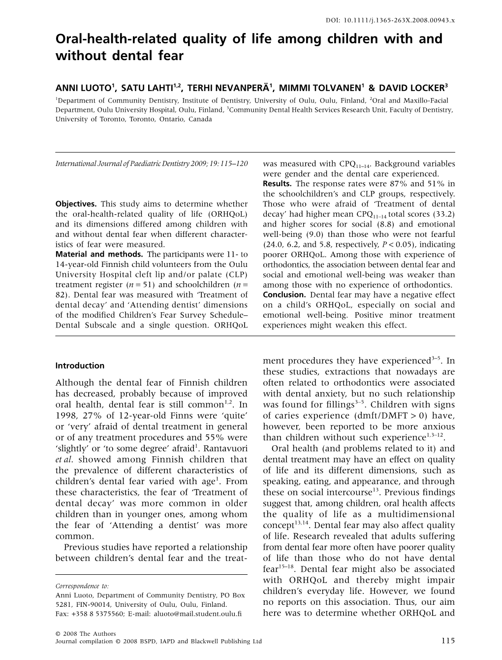 Oral-Health-Related Quality of Life Among Children with and Without