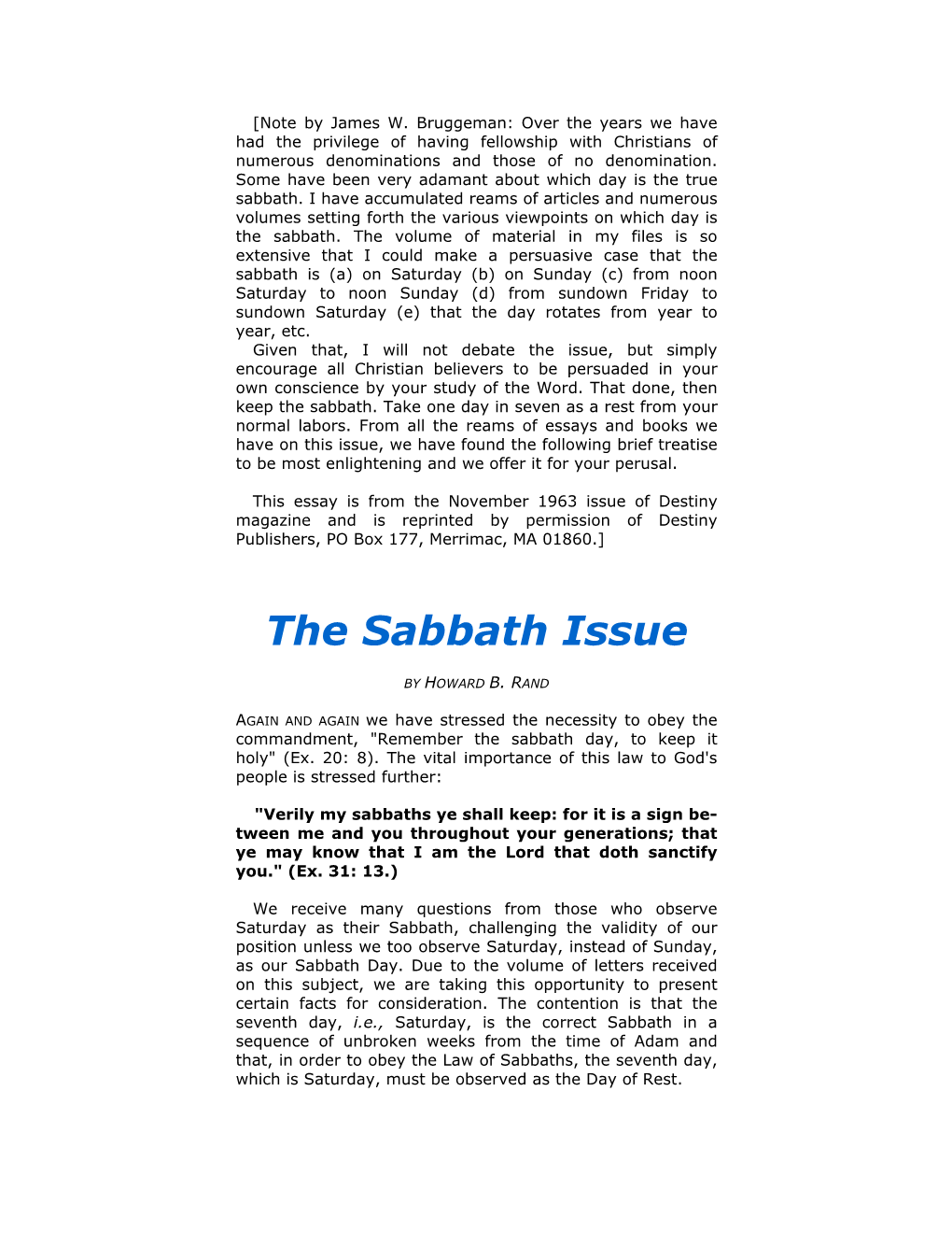 The Sabbath Issue