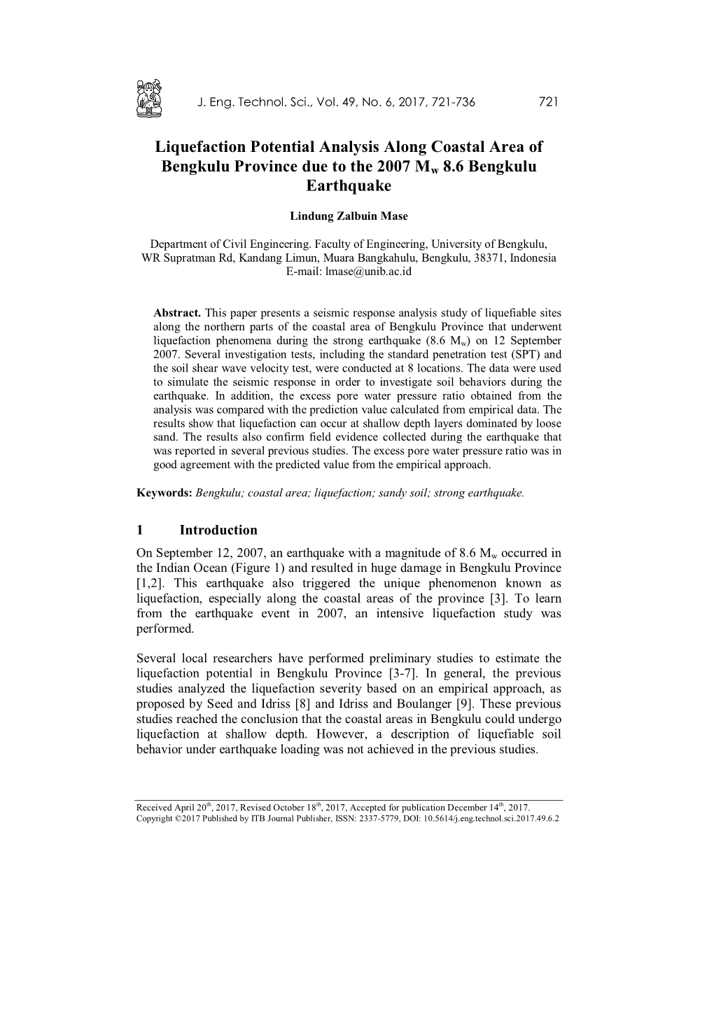 Liquefaction Potential Analysis Along Coastal Area of Bengkulu Province Due to the 2007 Mw 8.6 Bengkulu Earthquake