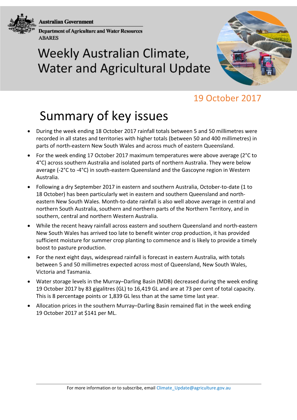 ABARES Weekly Australian Climate, Water and Agricultural Update