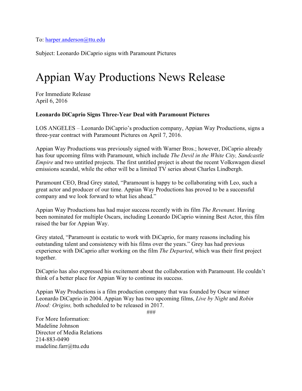 Appian Way Productions News Release