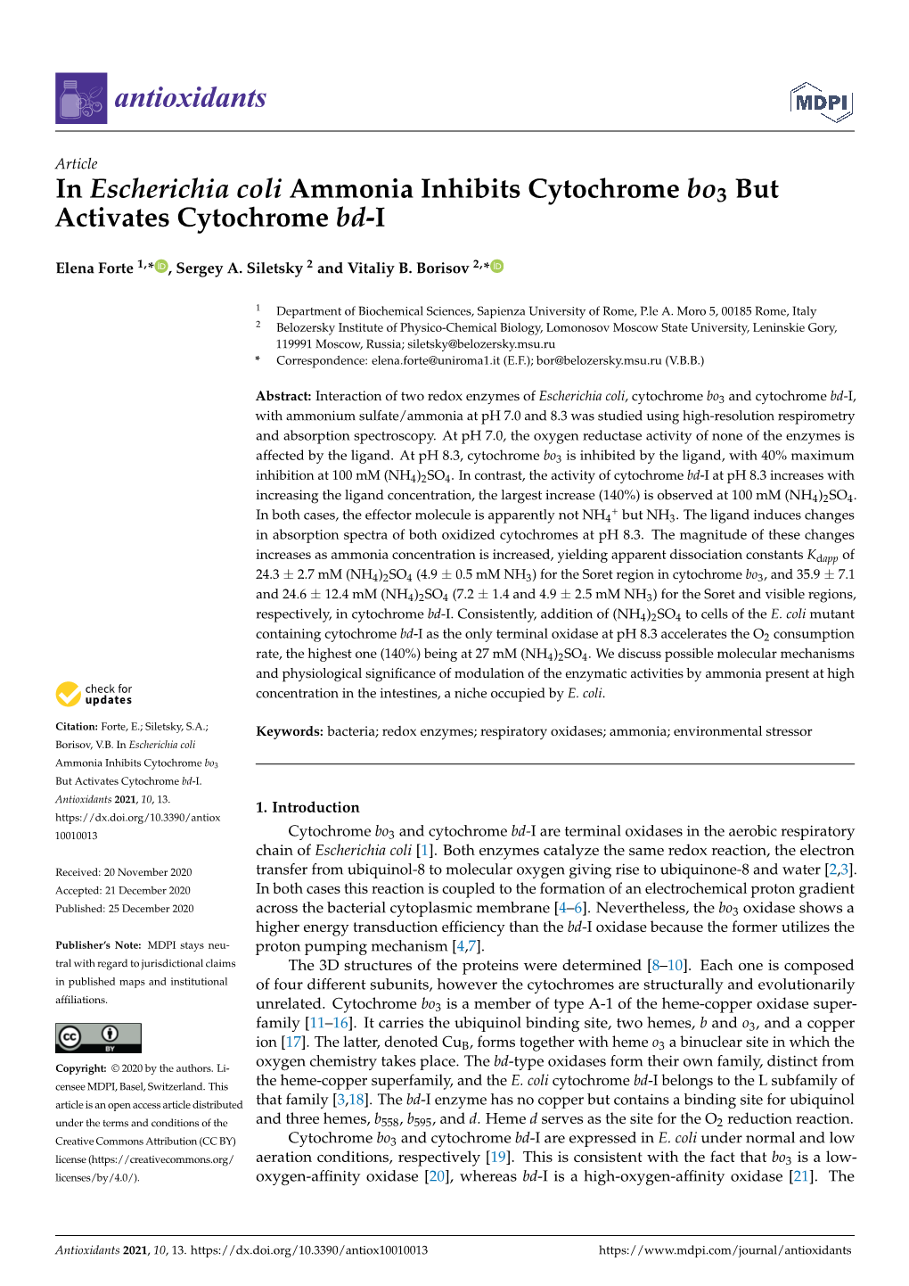 In Escherichia Coli Ammonia Inhibits Cytochrome Bo3 but Activates Cytochrome Bd-I