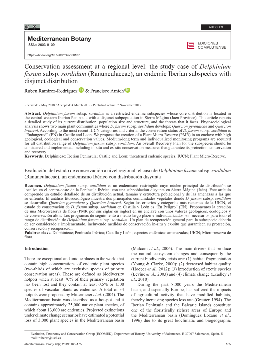 Conservation Assessment at a Regional Level: the Study Case of Delphinium Fissum Subsp. Sordidum (Ranunculaceae), an Endemic