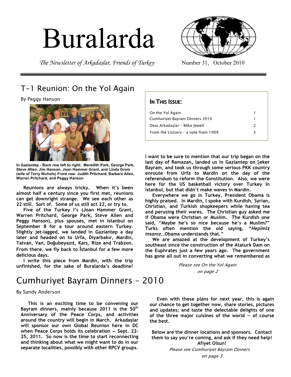 Buralarda the Newsletter of Arkadaşlar, Friends of Turkey Number 31, October 2010