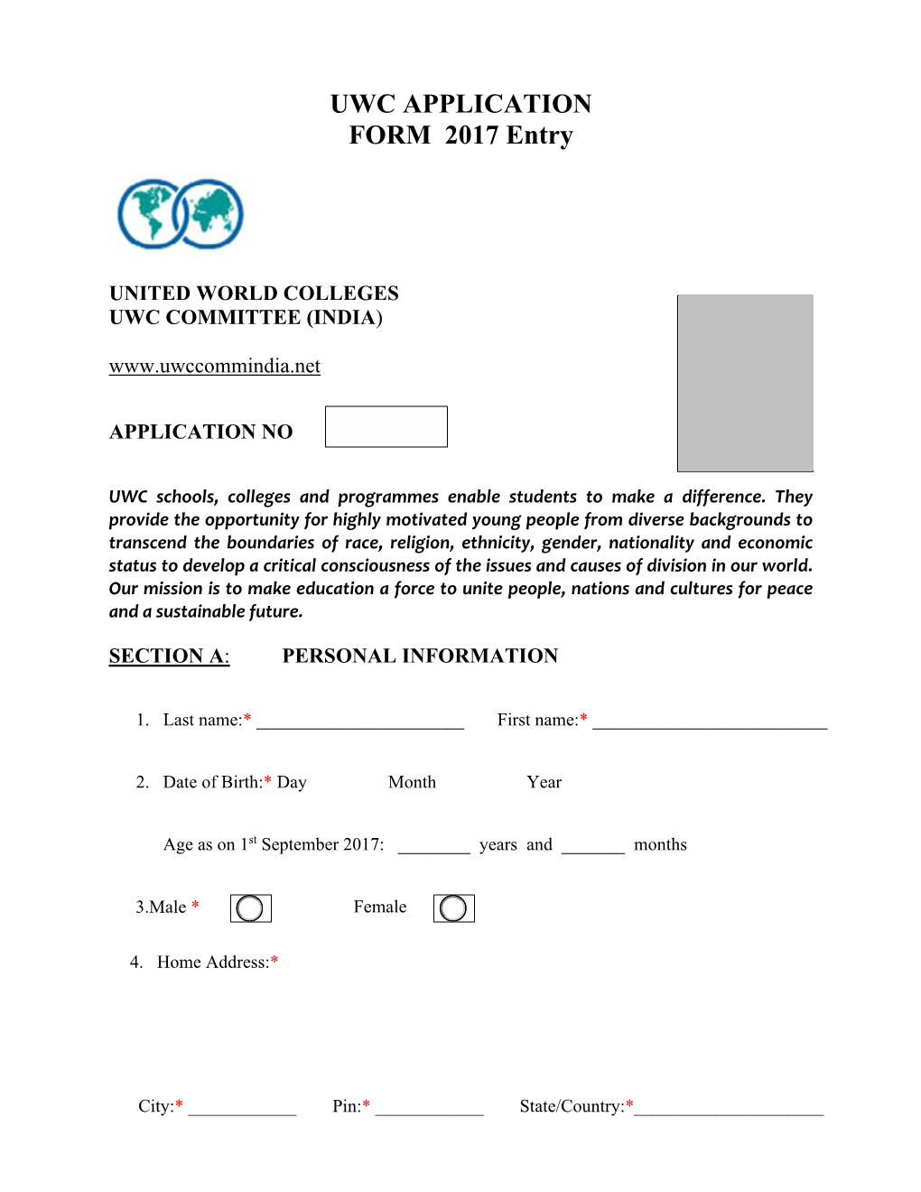 UWC APPLICATION FORM 2017 Entry