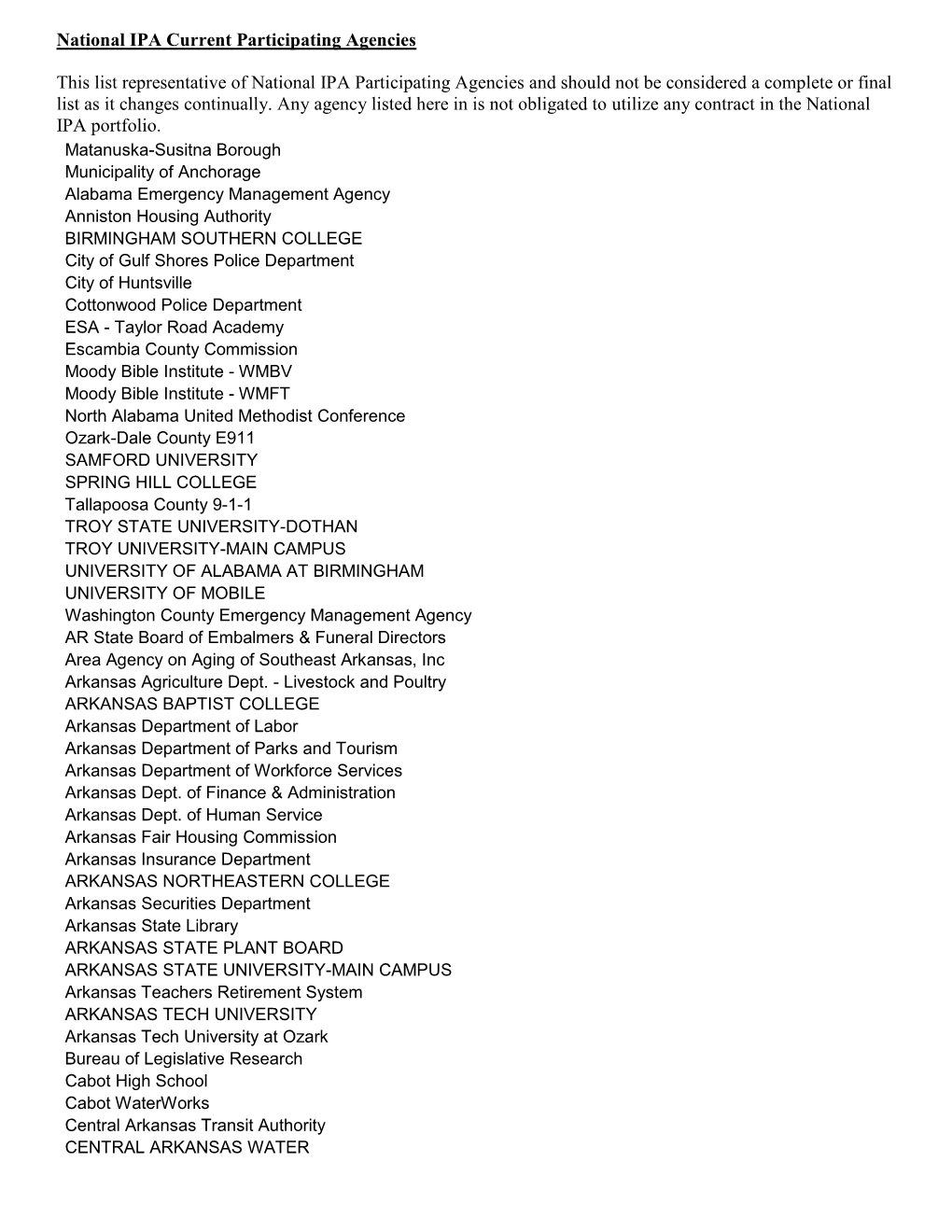 National IPA Current Participating Agencies\