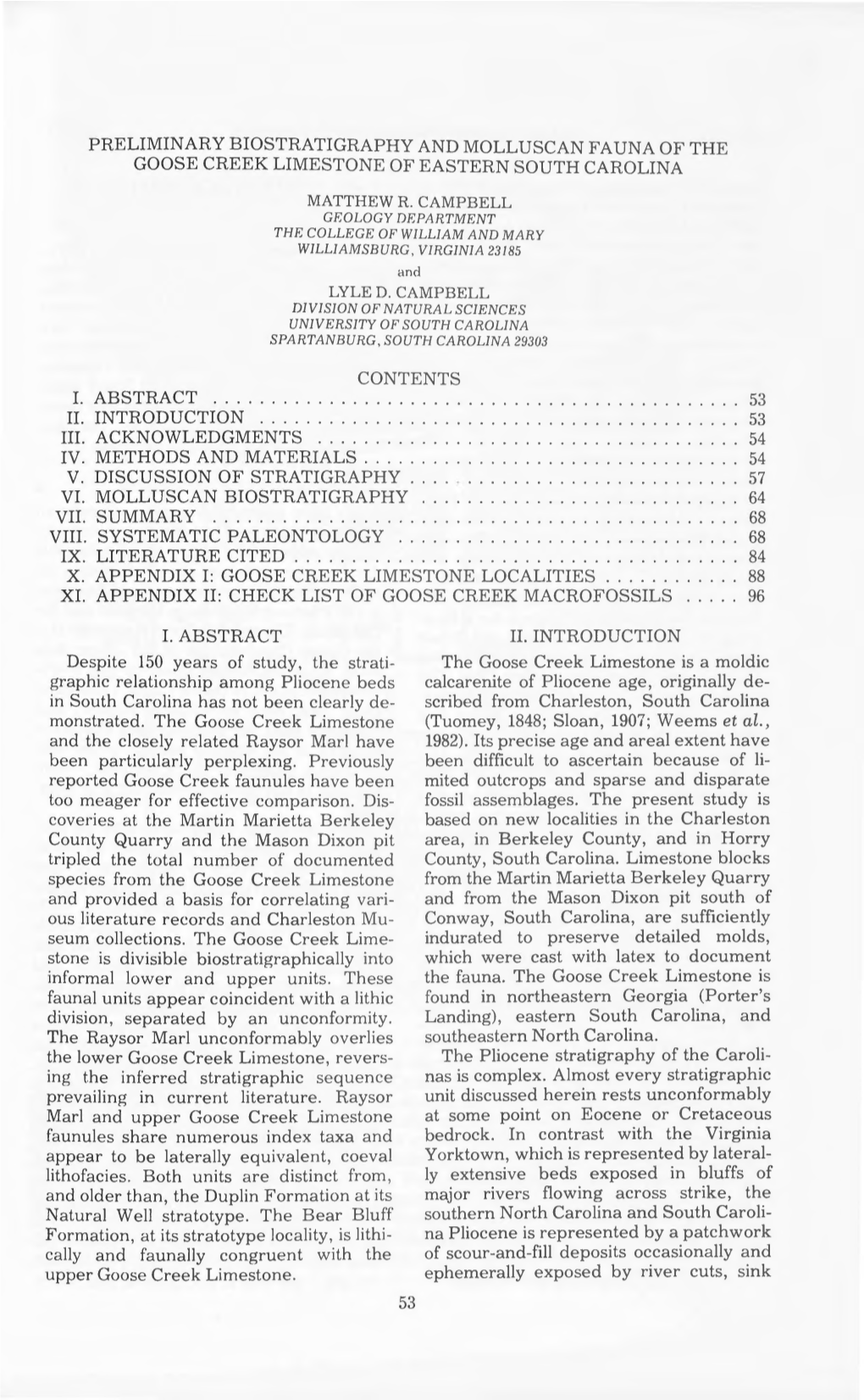 Preliminary Biostra Tigraphy and Molluscan Fauna of the Goose Creek Lim Estone of Eastern South Carolina