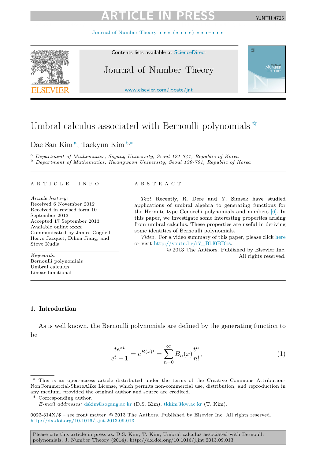 Umbral Calculus Associated with Bernoulli Polynomials ✩
