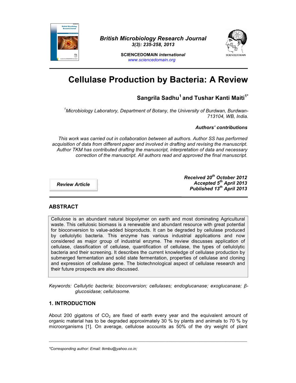 Cellulase Production by Bacteria: a Review