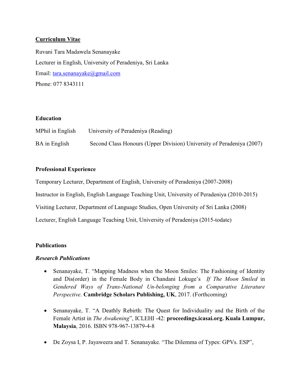 Curriculum Vitae Ruvani Tara Madawela Senanayake Lecturer In