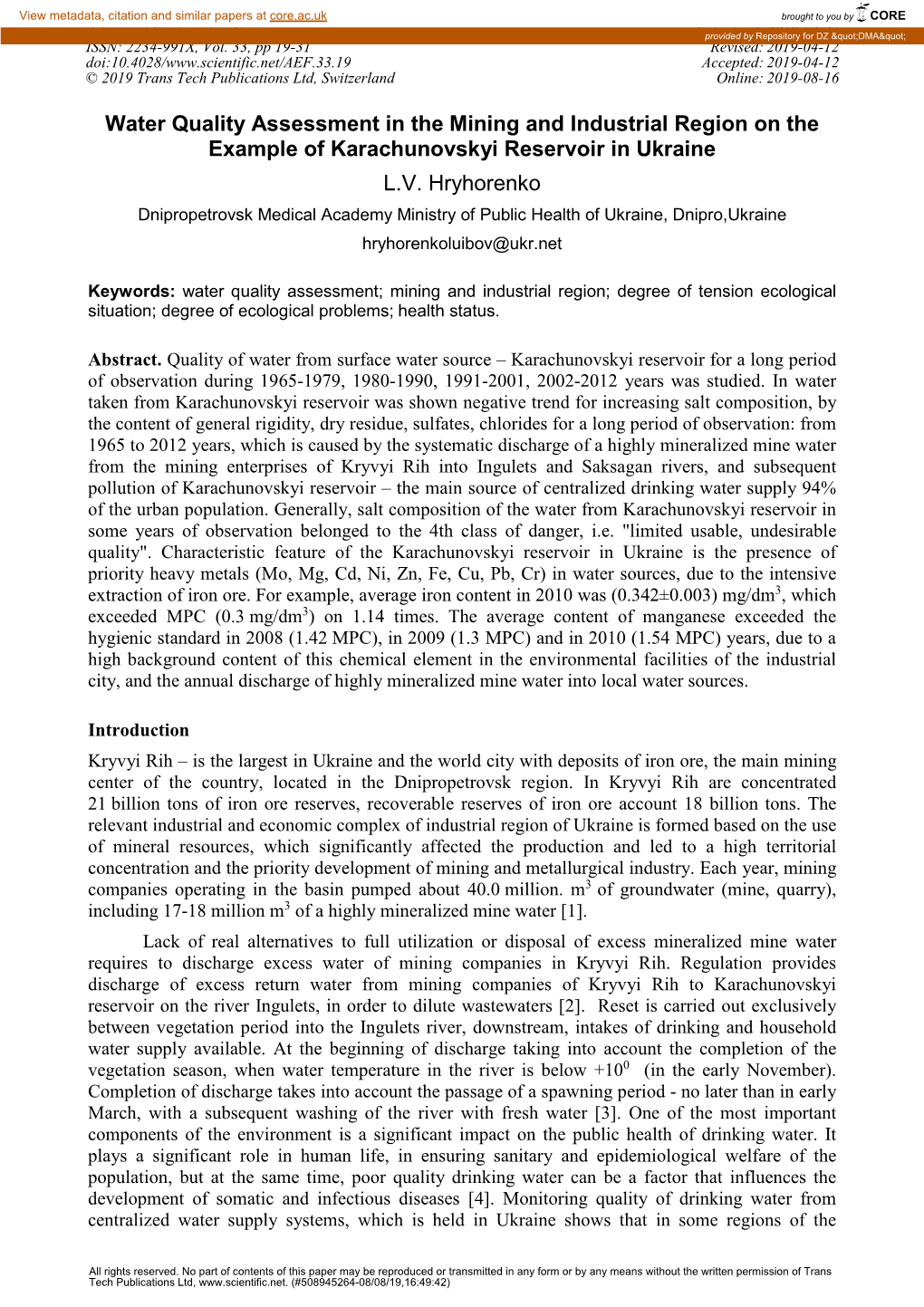Water Quality Assessment in the Mining and Industrial Region on the Example of Karachunovskyi Reservoir in Ukraine L.V