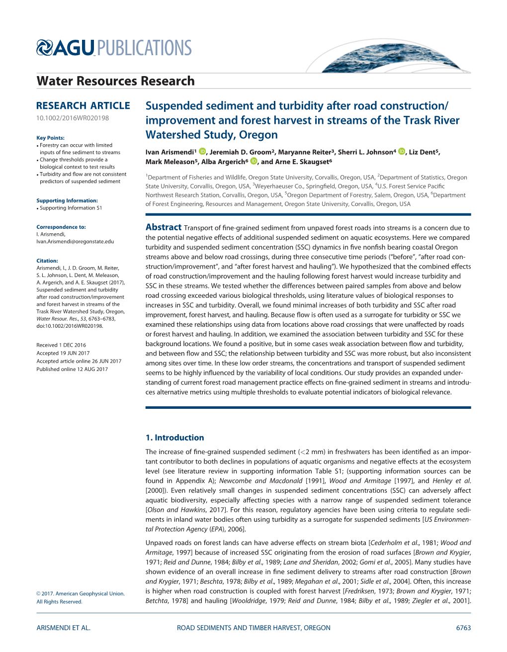 Suspended Sediment and Turbidity After Road Construction/ 10.1002/2016WR020198 Improvement and Forest Harvest in Streams of the Trask River