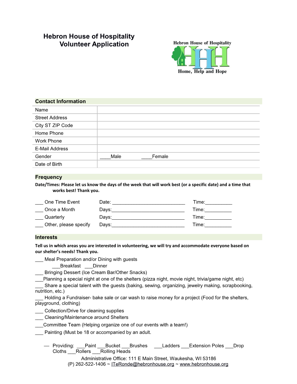 Hebron House of Hospitality Volunteer Application