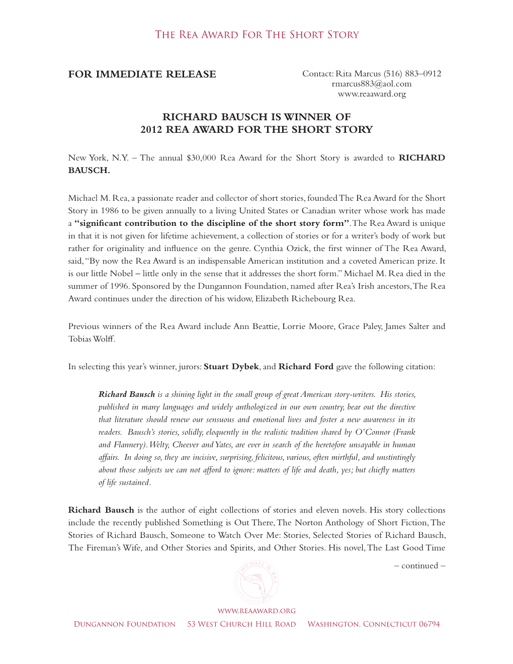 Richard Bausch Is Winner of 2012 Rea Award for the Short Story