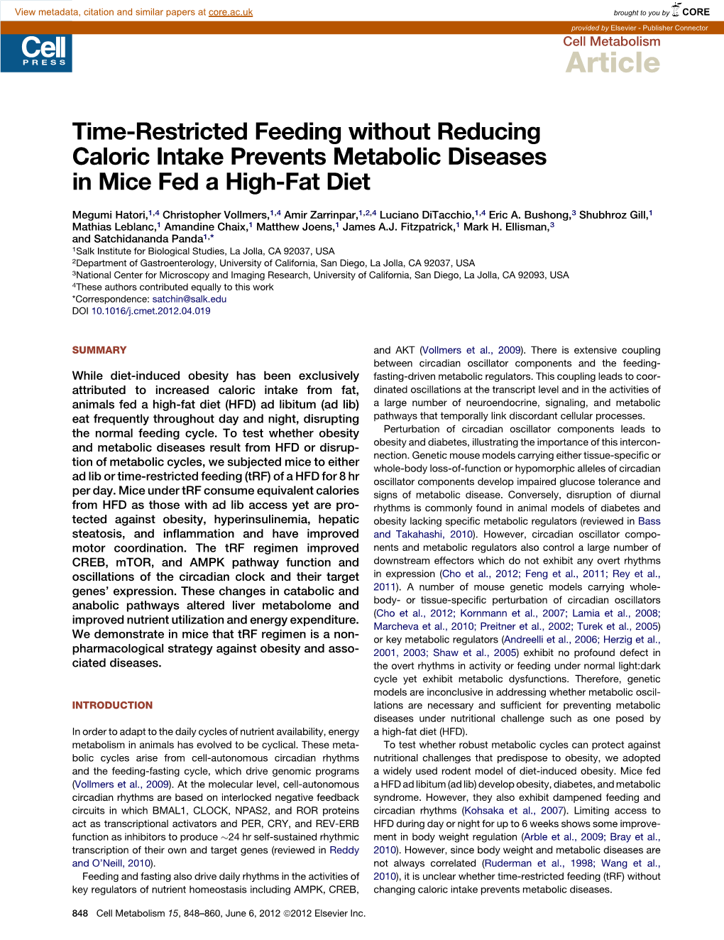 Time-Restricted Feeding Without Reducing Caloric Intake Prevents Metabolic Diseases in Mice Fed a High-Fat Diet