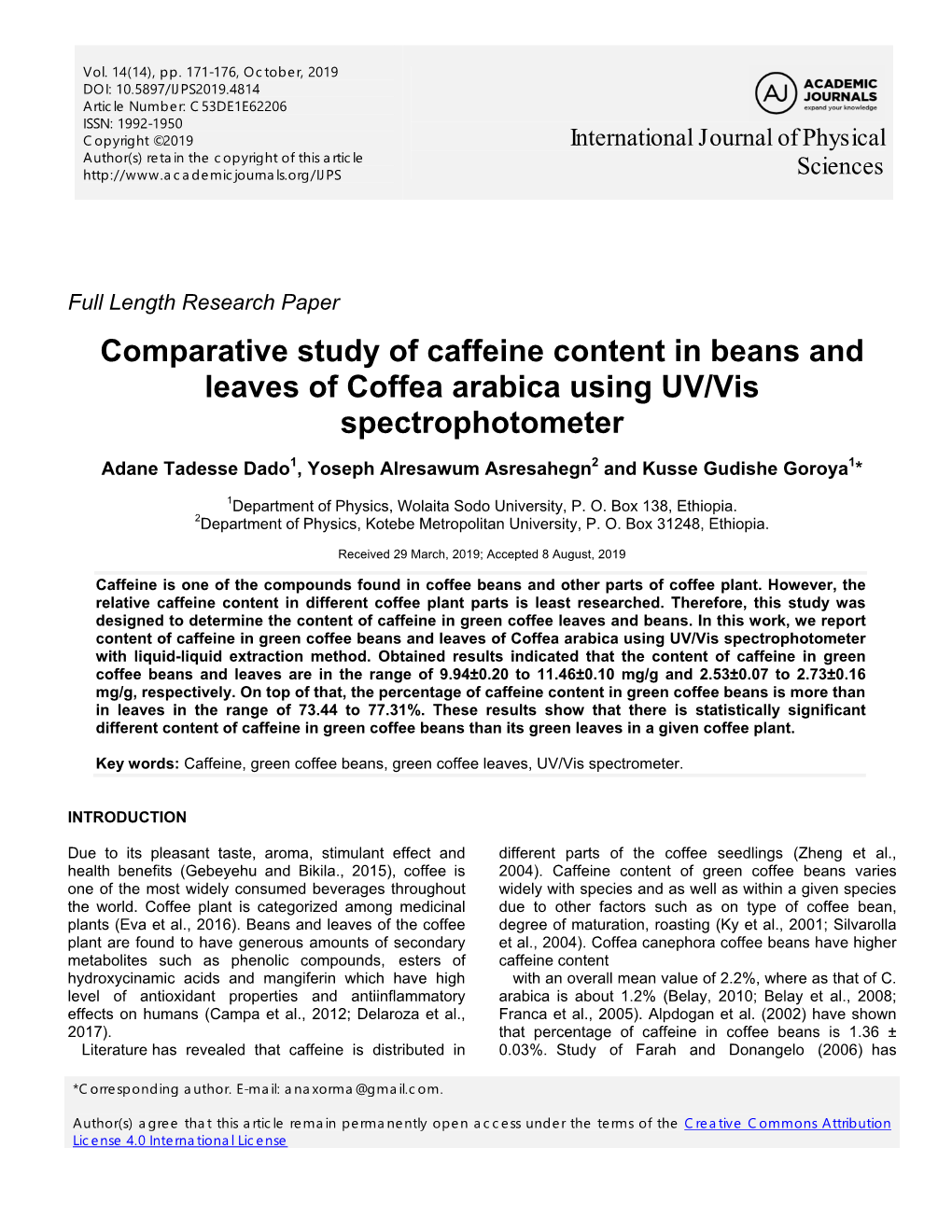 Comparative Study of Caffeine Content in Beans and Leaves of Coffea Arabica Using UV/Vis Spectrophotometer