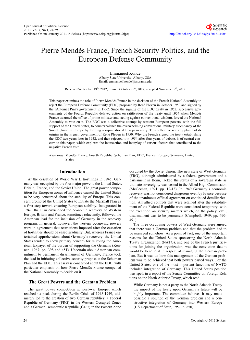 Pierre Mendès France, French Security Politics, and the European Defense Community