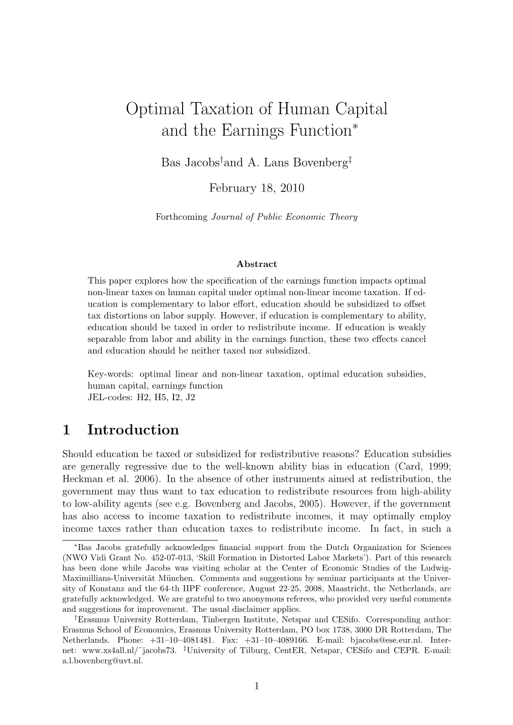 Optimal Taxation of Human Capital and the Earnings Function∗