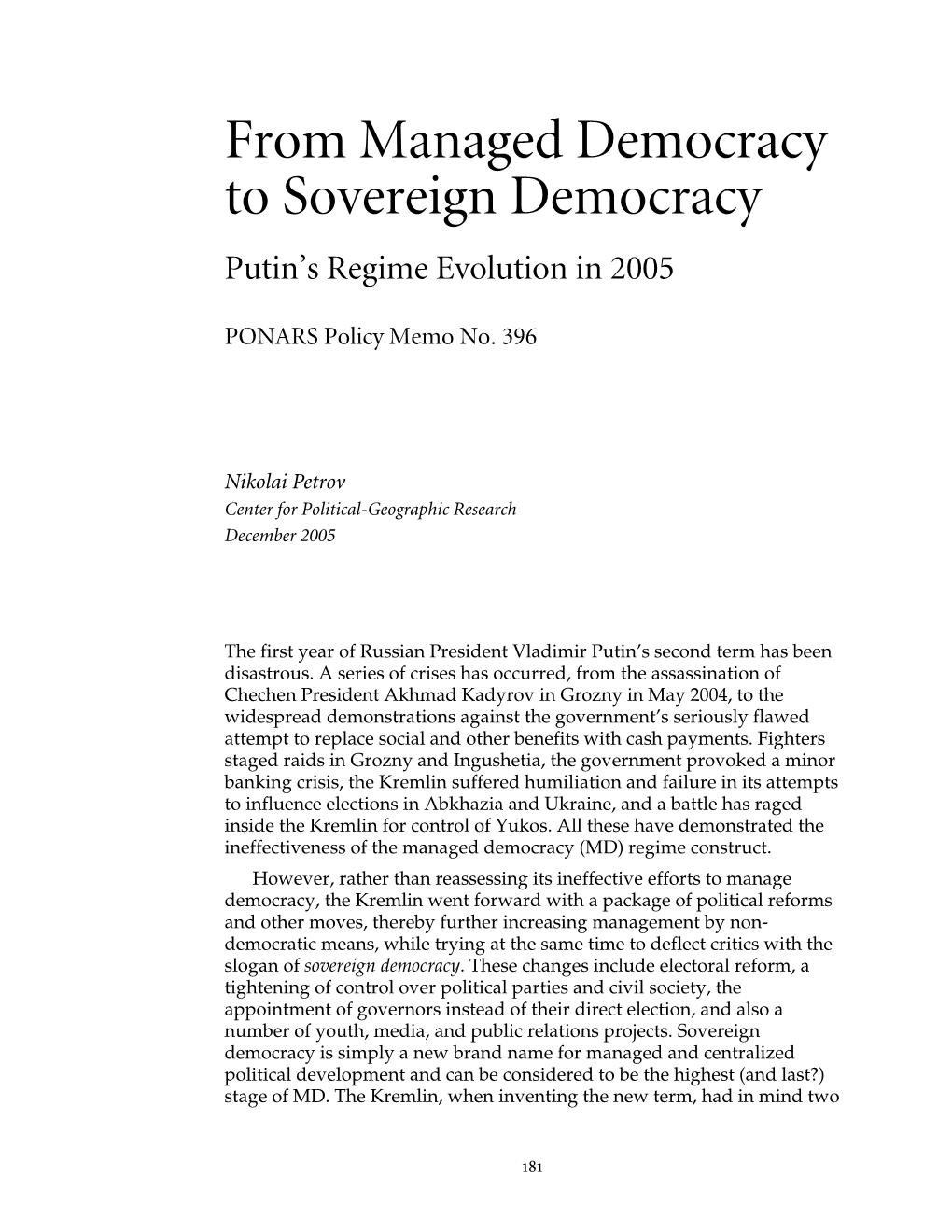 From Managed Democracy to Sovereign Democracy Putin’S Regime Evolution in 2005