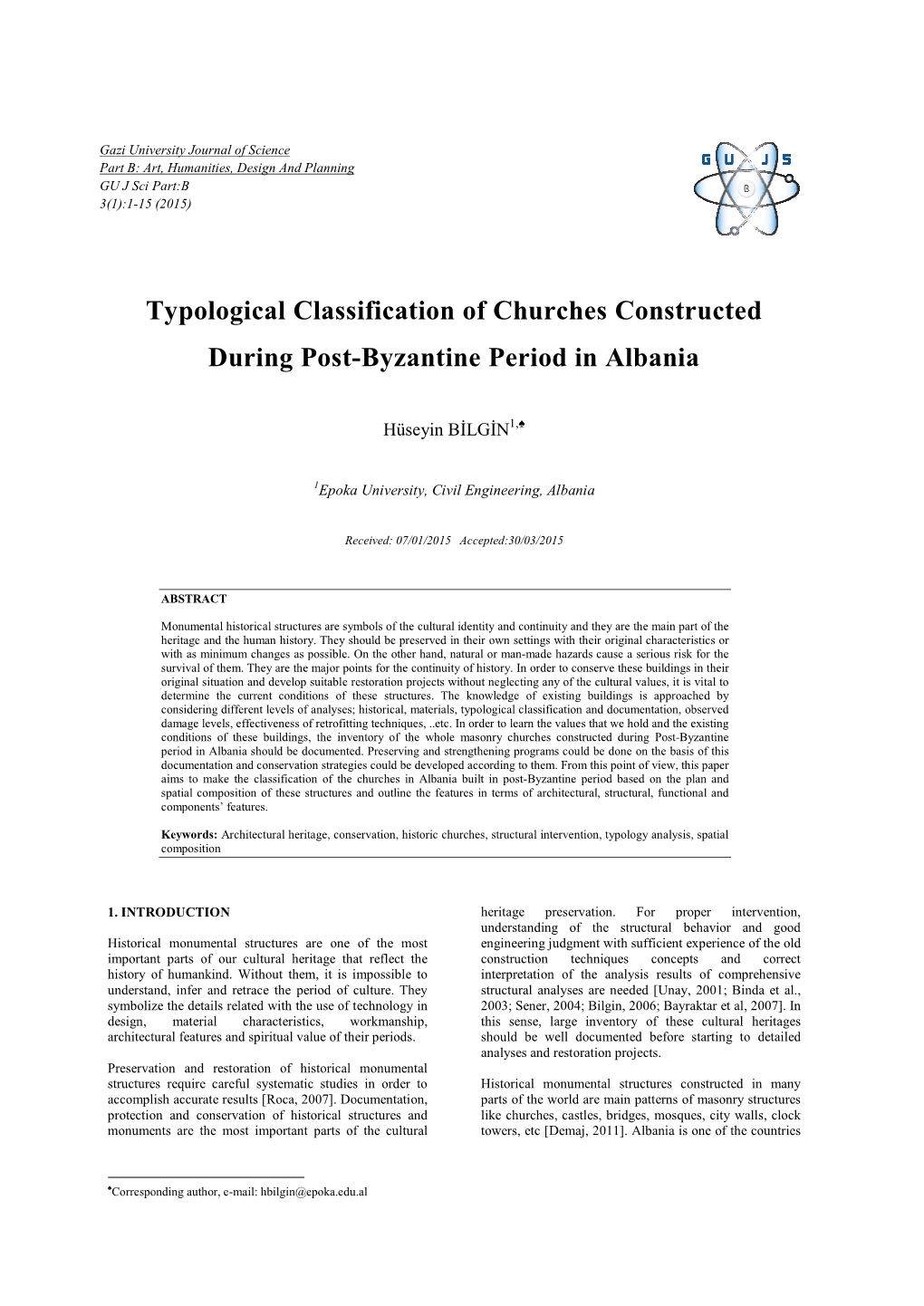 Typological Classification of Churches Constructed During Post-Byzantine Period in Albania