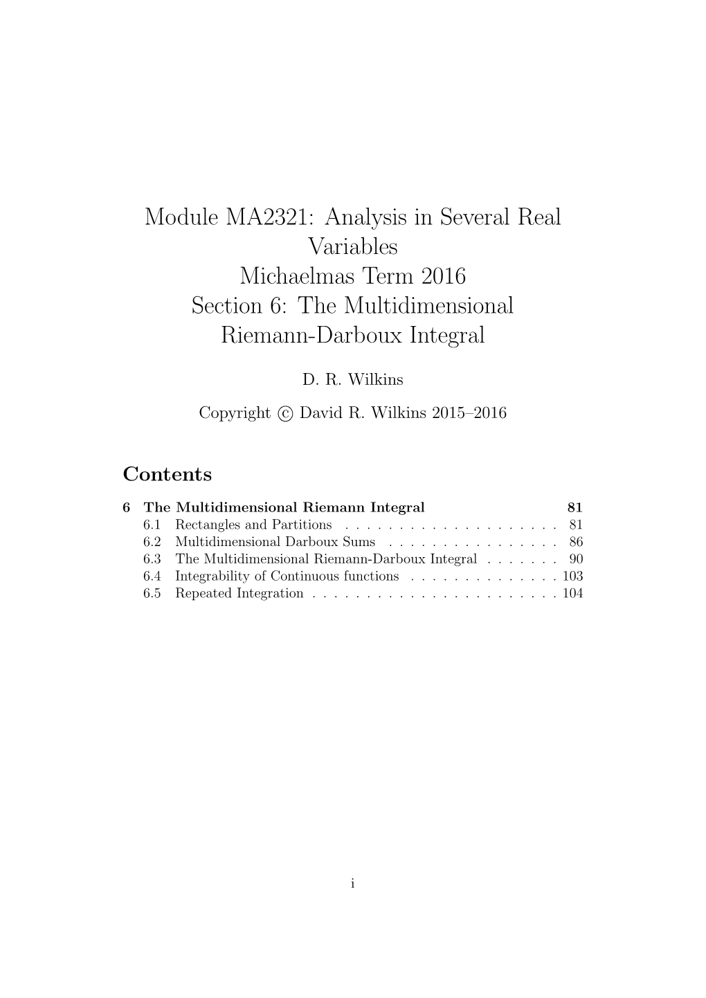 Section 6: the Multidimensional Riemann-Darboux Integral