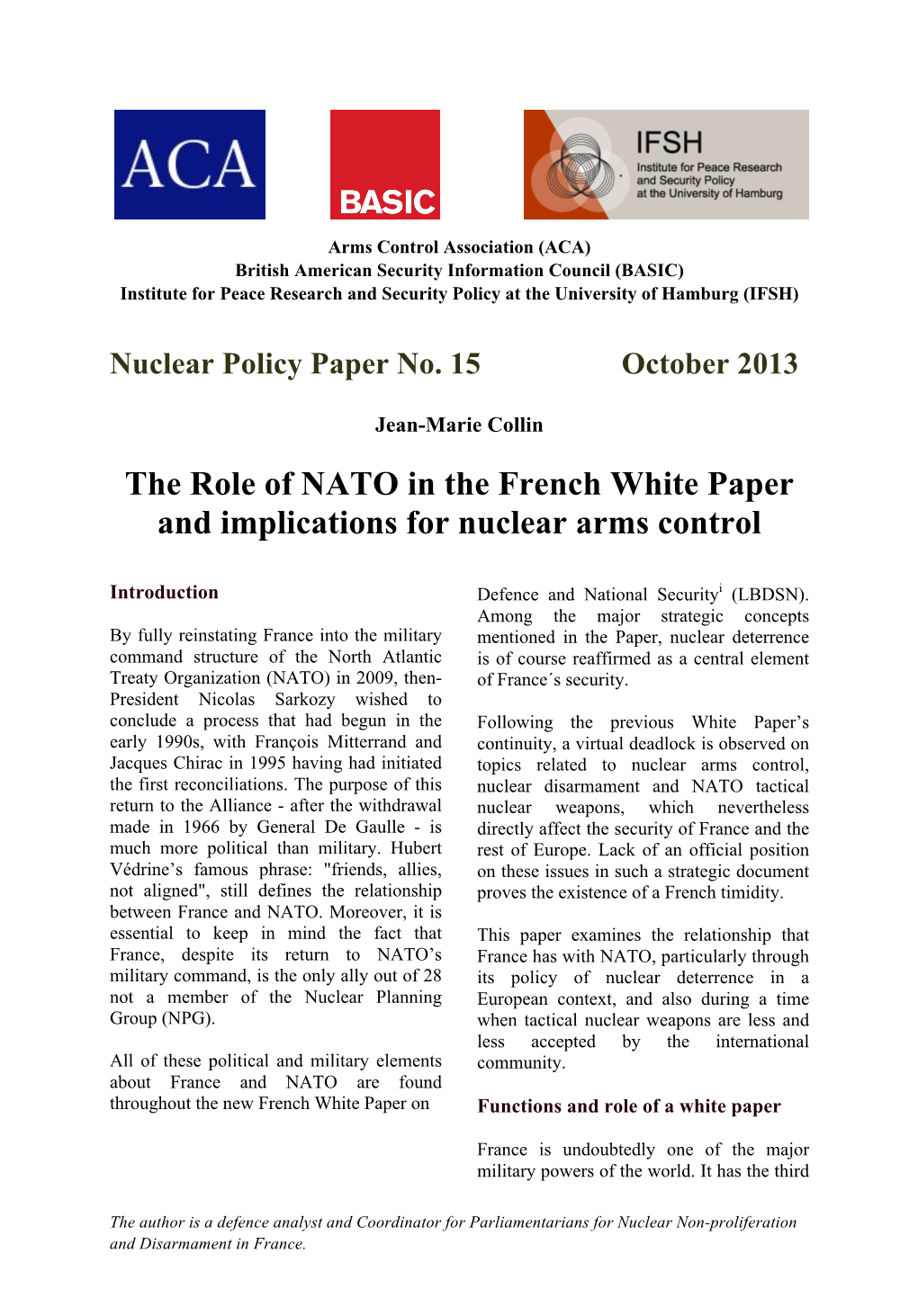 The Role of NATO in the French White Paper and Implications for Nuclear Arms Control