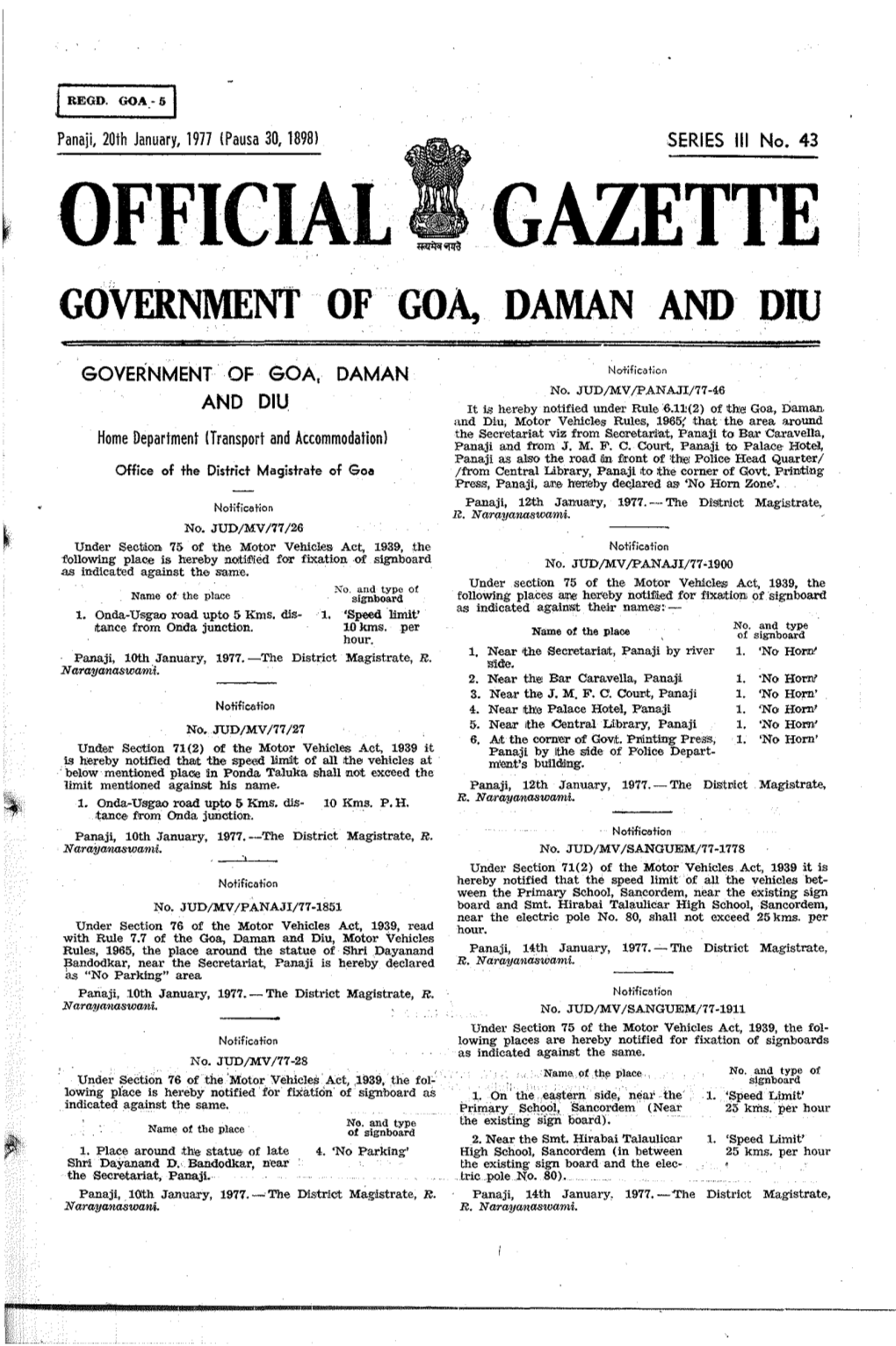 Official Gazette Government Of· Goa, Daman and Diu