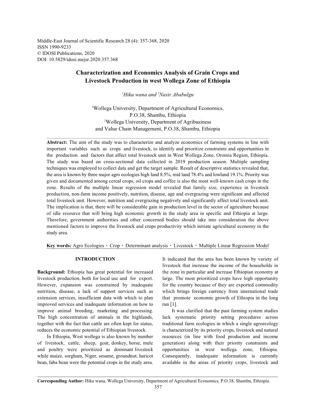 Characterization and Economics Analysis of Grain Crops and Livestock Production in West Wollega Zone of Ethiopia