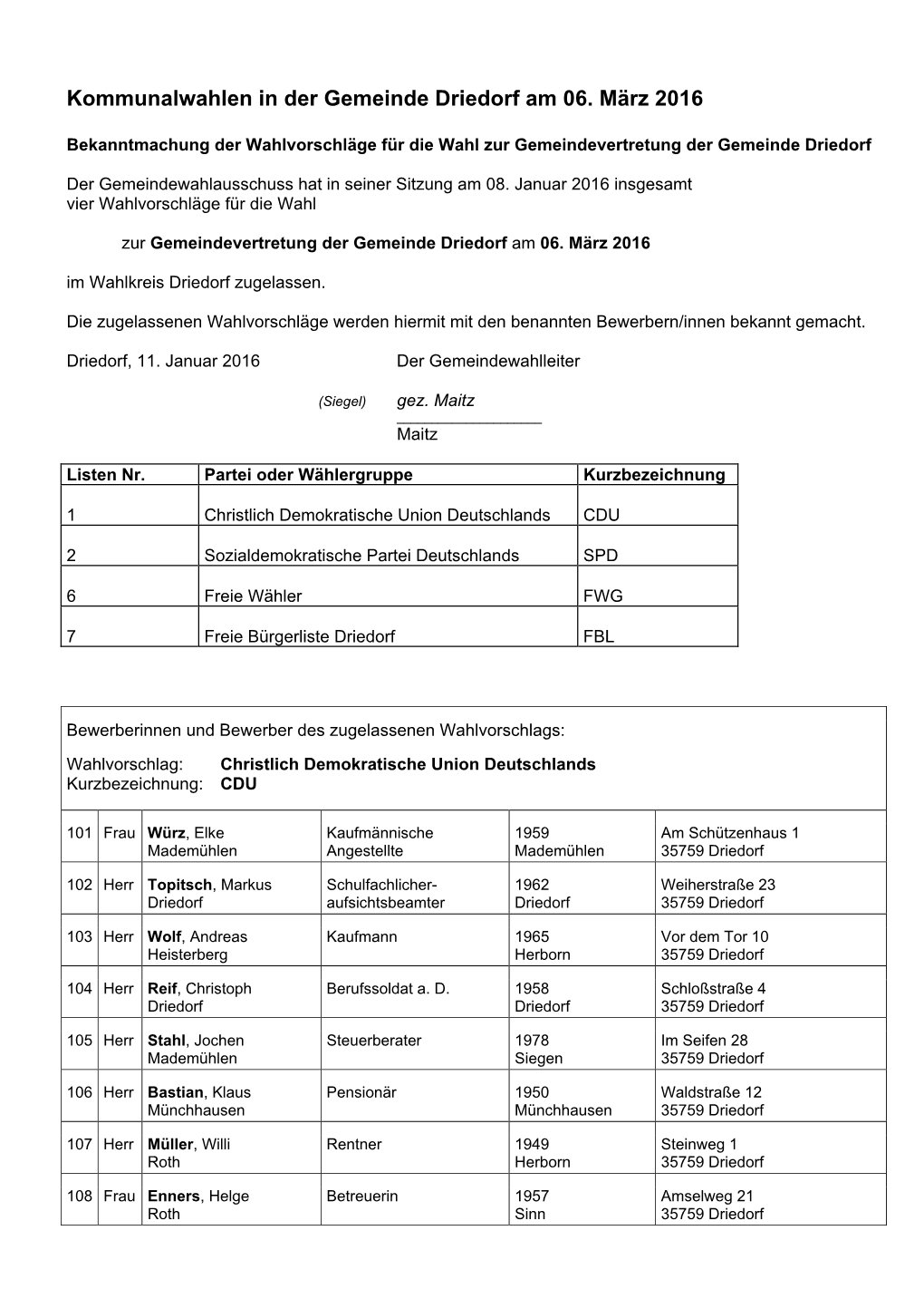 Kommunalwahlen in Der Gemeinde Driedorf Am 06. März 2016