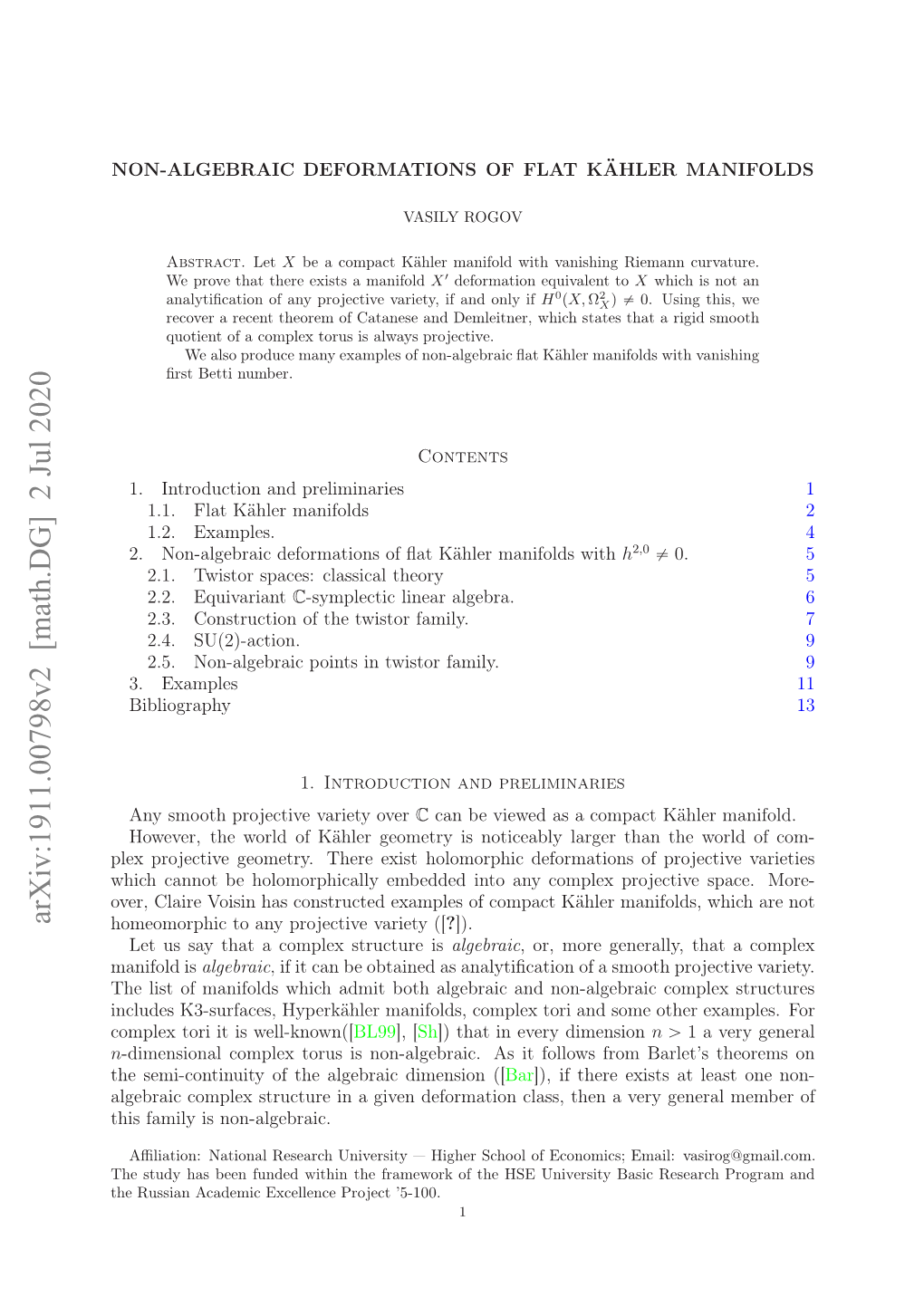 Arxiv:1911.00798V2 [Math.DG] 2 Jul 2020 H Td a Enfne Ihntefaeoko H S Univ HSE the of ’5-100