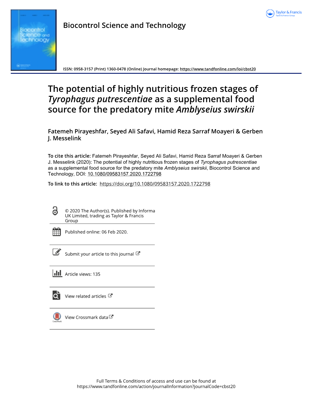 The Potential of Highly Nutritious Frozen Stages of Tyrophagus Putrescentiae As a Supplemental Food Source for the Predatory Mite Amblyseius Swirskii