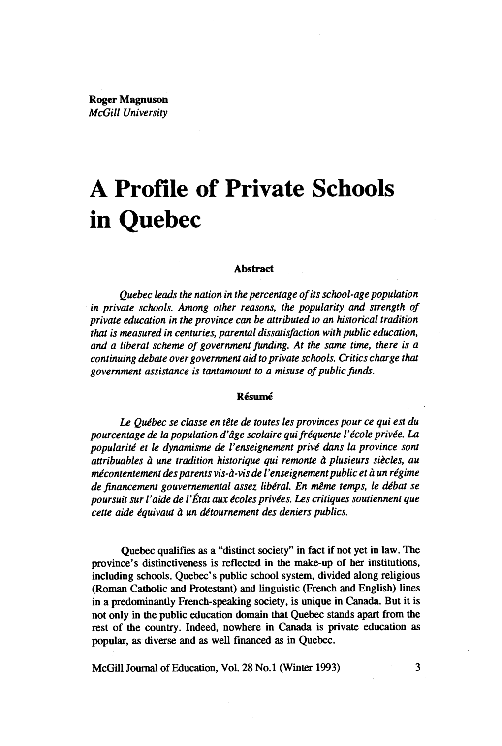 A Profile of Private Schools in Quebec