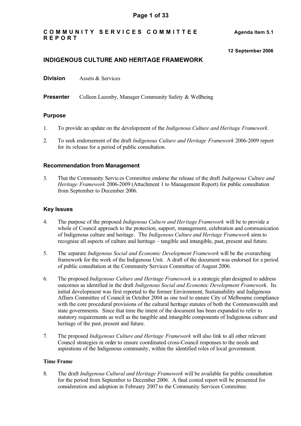 INDIGENOUS CULTURE and HERITAGE FRAMEWORK Page 1