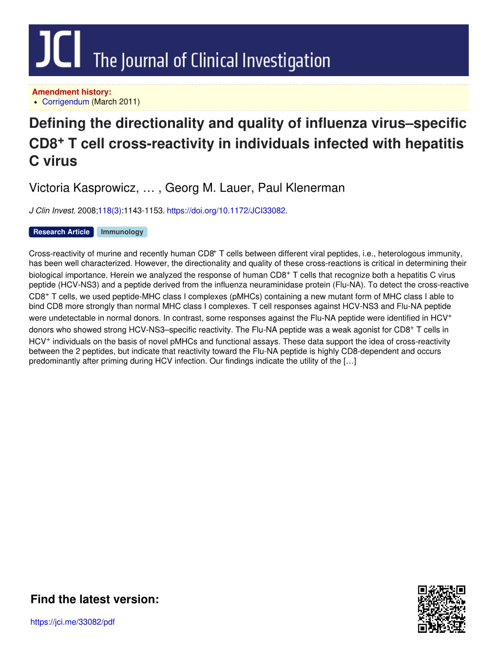 Defining the Directionality and Quality of Influenza Virus–Specific CD8+ T Cell Cross-Reactivity in Individuals Infected with Hepatitis C Virus