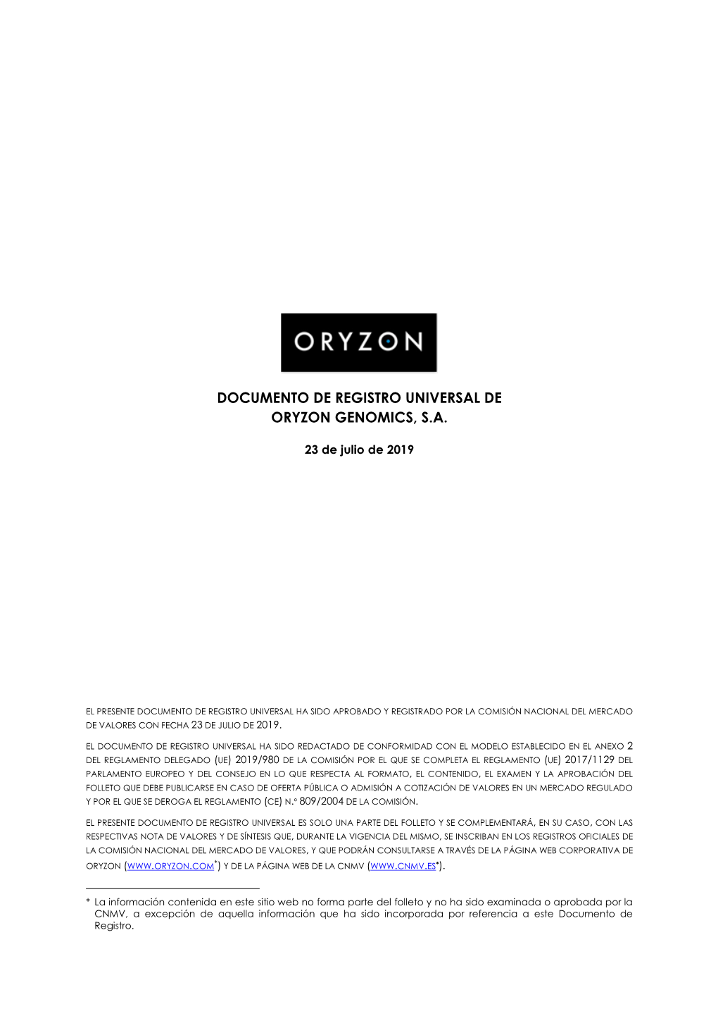 Documento De Registro Universal De Oryzon Genomics, S.A