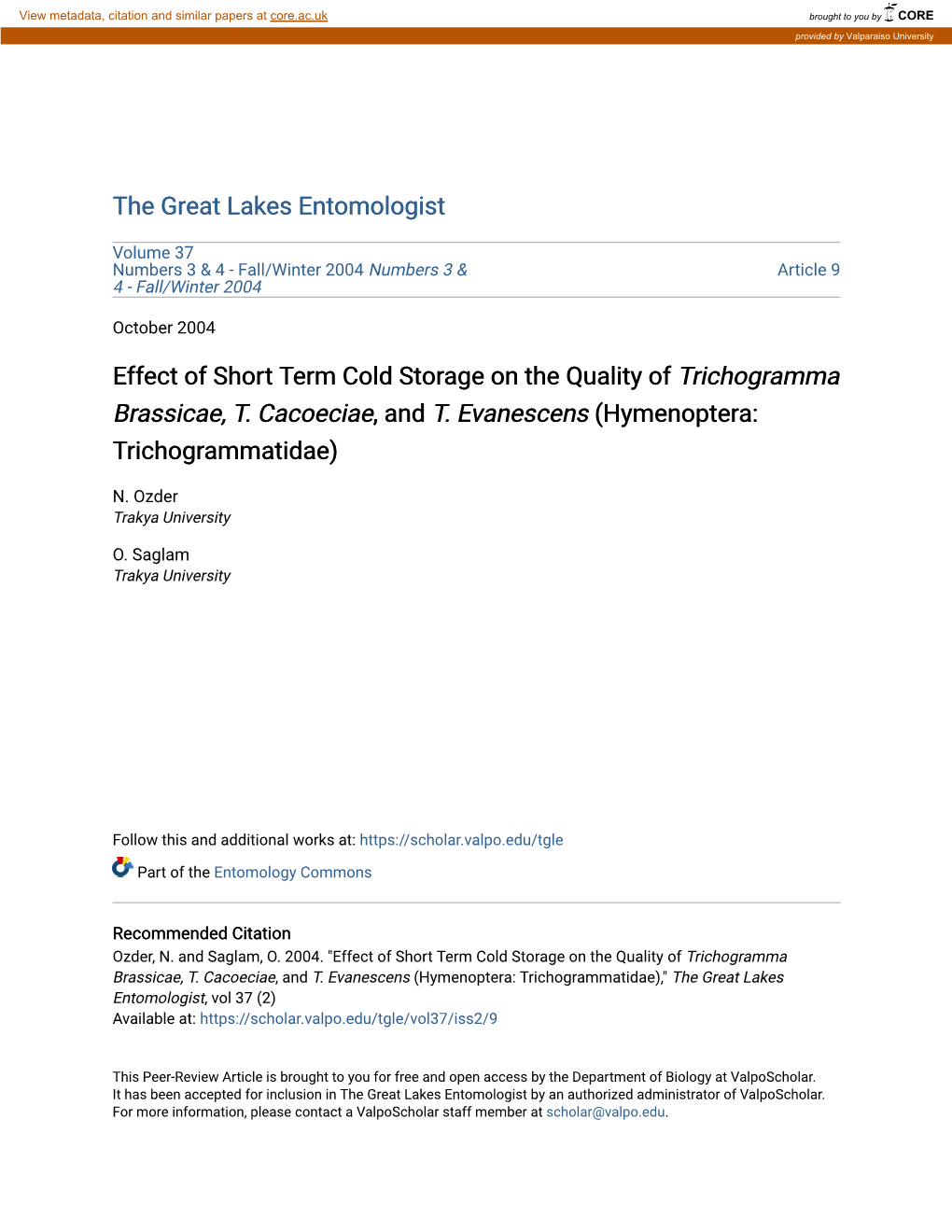 Effect of Short Term Cold Storage on the Quality of Trichogramma Brassicae, T